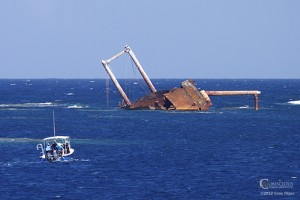 A whale boat approaches the wreck of the Polyxeni on the Silver Bank